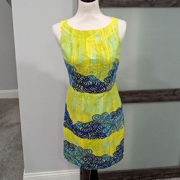 Tabitha Anthropologie neon azure scroll green & blue sleeveless sheath size 4 - Picture 1 of 3